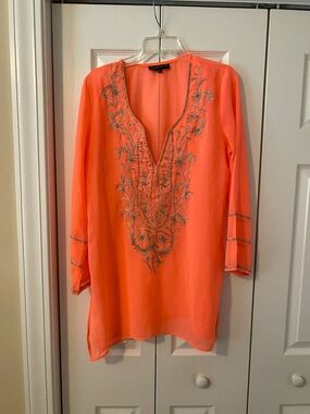 Beaded V-Neck Swim Coverup Tunic in Neon Coral